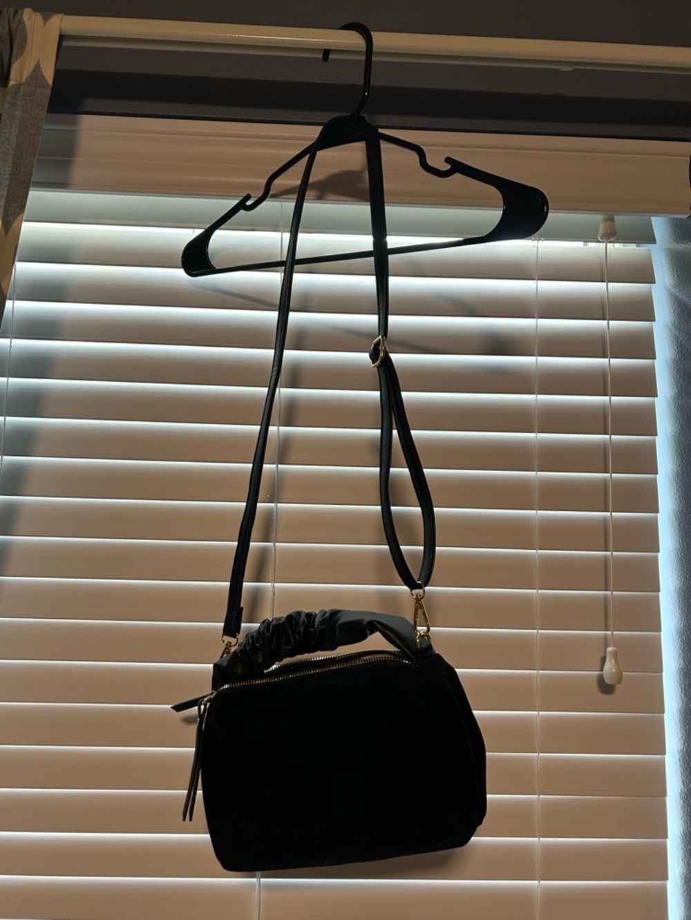 Black Faux Suede Crossbody Bag Scrunchie Handle 9x5x3 inches